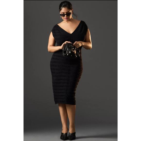NWT By Anthropologie V-Neck Chenille Midi Dress $248 X-SMALL Black - Picture 6 of 7